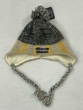 Boston Bruins NHL Hockey Reebok Pom Pom Tassle Aviator Knit Winter Beanie Hat